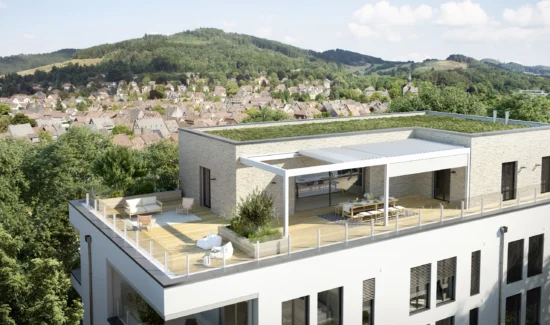 Moderne Penthouse-Wohnung mit Dachterrasse und Panoramablick auf eine malerische Landschaft